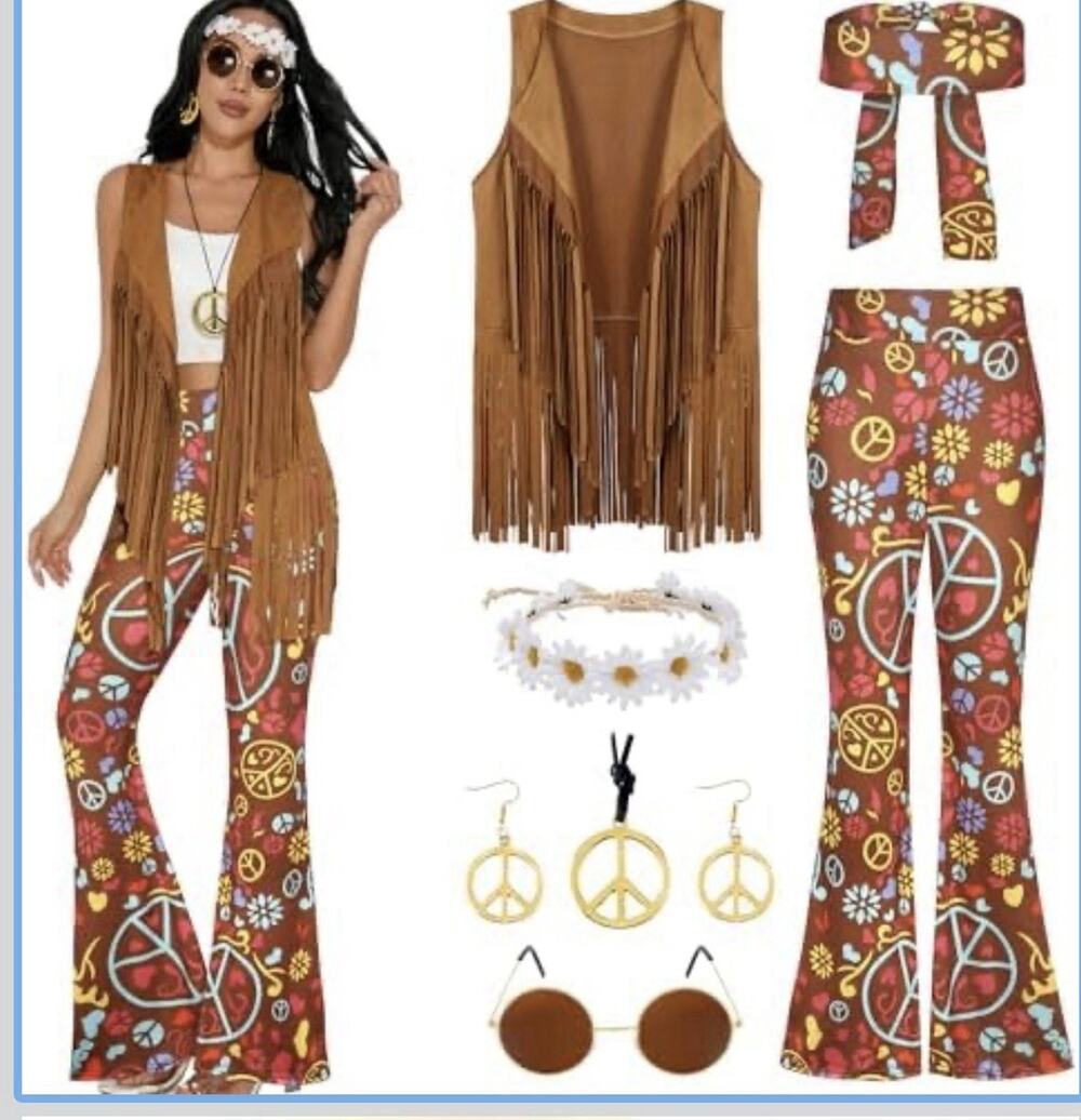 Womens Halloween 60s 70s Hippie Costume with Accessories for Cosplay Set L
